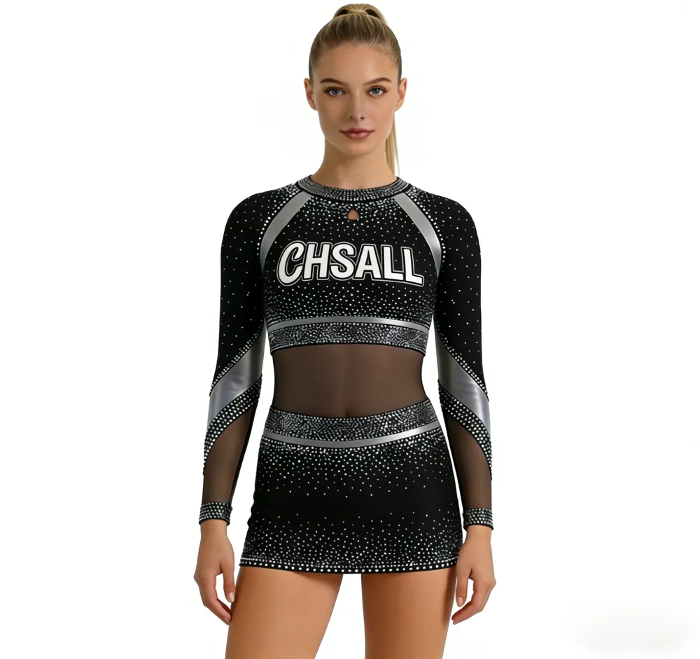 Sparkle Cheerleading Uniform Rhinestone Mesh Crop Top Skirt Cutout Back Customizable Performance Cheer Competition – photo 2
