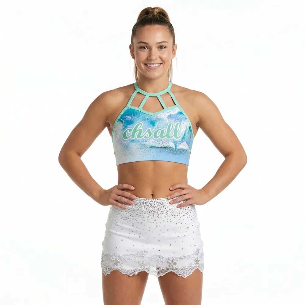 Women Cheerleading Uniform Set Blue Gradient Lace Skirt High Stretch Performance Cheer Outfit Rhinestone Detailing Competition – photo 8