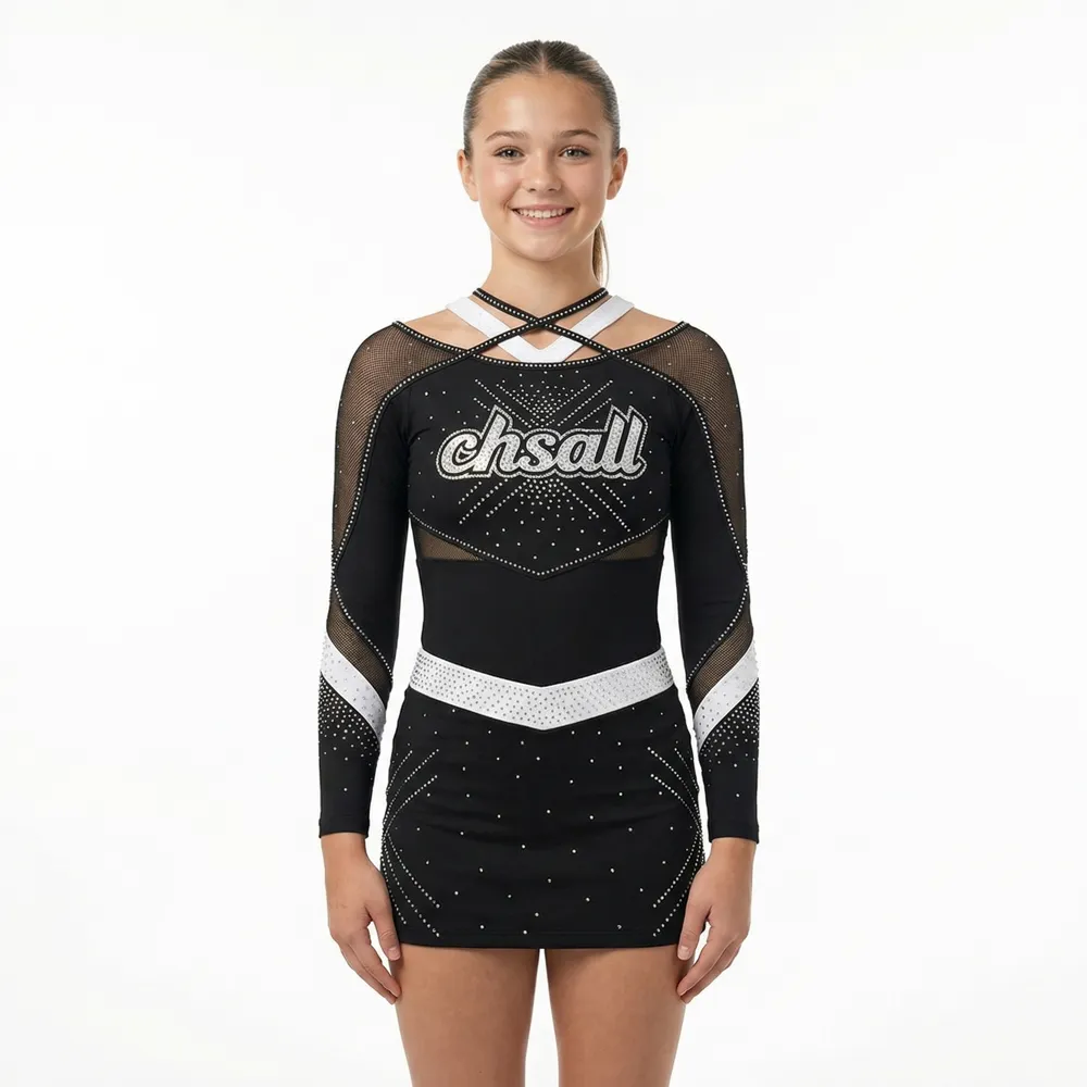 Long Sleeve One Piece Cheerleading Uniform Rhinestone Mesh Panel Stretchy Color Block Cheer Costume for Competition – photo 2