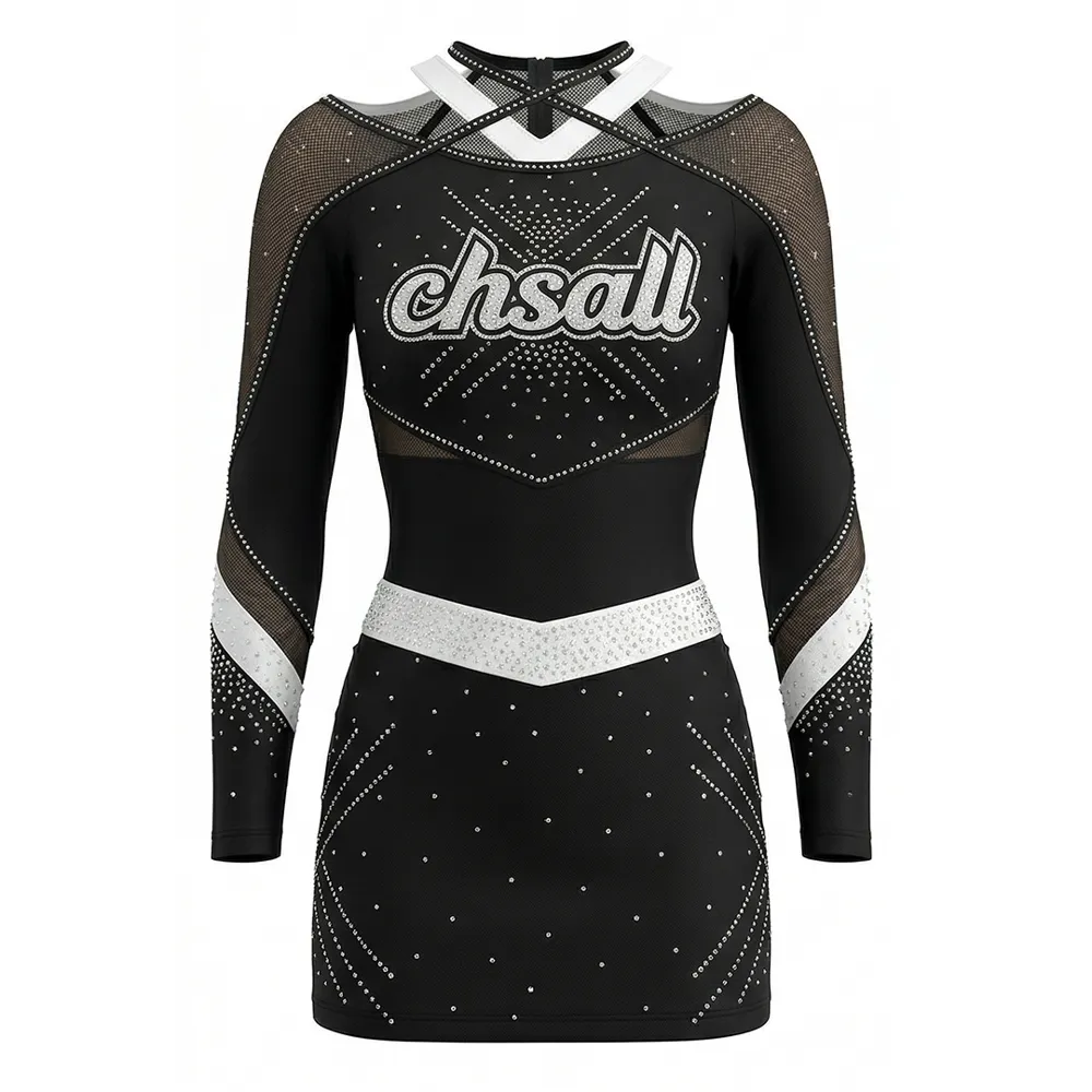 Long Sleeve One Piece Cheerleading Uniform Rhinestone Mesh Panel Stretchy Color Block Cheer Costume for Competition – photo 3