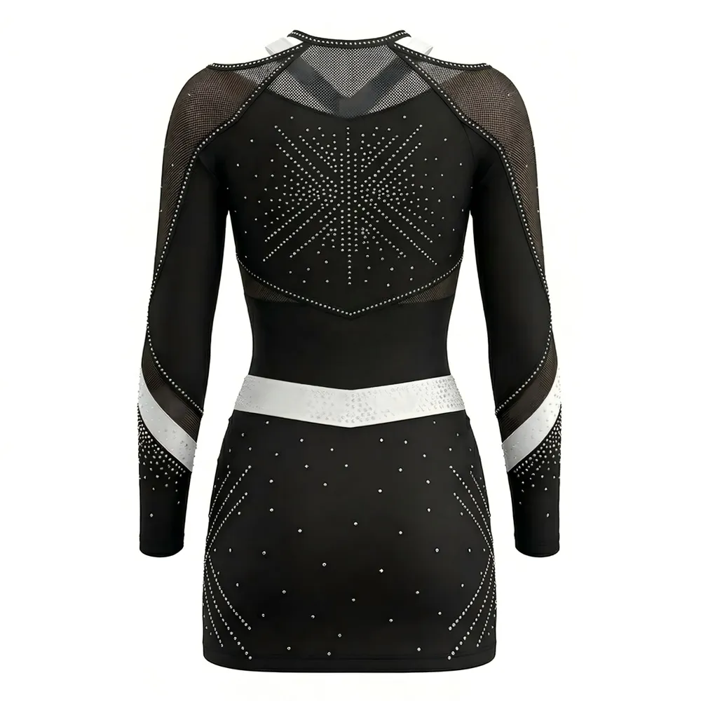 Long Sleeve One Piece Cheerleading Uniform Rhinestone Mesh Panel Stretchy Color Block Cheer Costume for Competition – photo 4