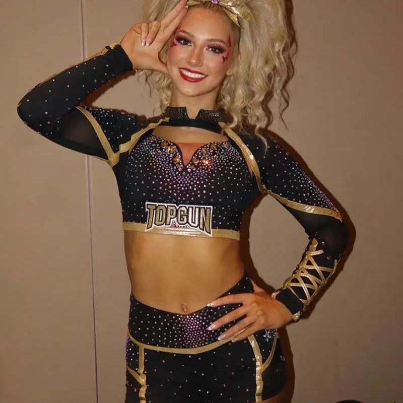 Long Sleeve Two Piece Cheerleading Uniform Lace-Up Sleeve Rhinestone Gold Foil Team Cheer Uniform Spandex Cheer Outfit – photo 2