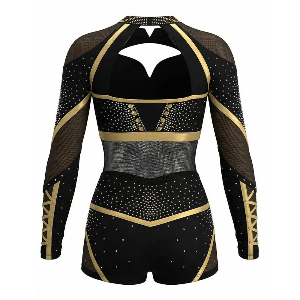 Long Sleeve Two Piece Cheerleading Uniform Lace-Up Sleeve Rhinestone Gold Foil Team Cheer Uniform Spandex Cheer Outfit – photo 3