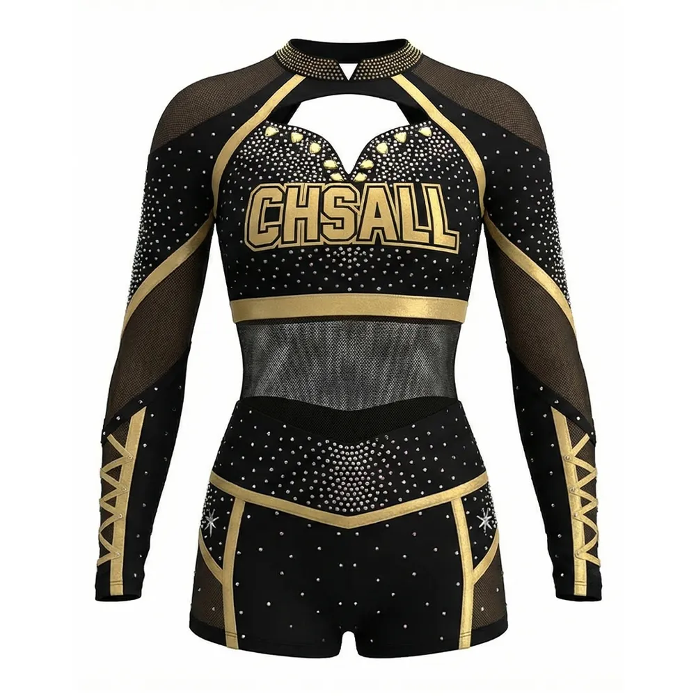 Long Sleeve Two Piece Cheerleading Uniform Lace-Up Sleeve Rhinestone Gold Foil Team Cheer Uniform Spandex Cheer Outfit – photo 4