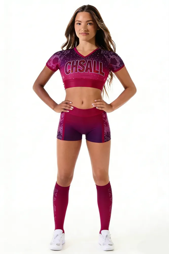 ombré Shirts & Tops Shiny Rhinestones Crops Sparkle Design Cheer Practice Wear Shell Shorts 2 Sets Uniforms – photo 4
