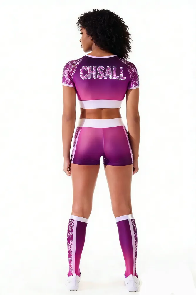 ombré Shirts & Tops Shiny Rhinestones Crops Sparkle Design Cheer Practice Wear Shell Shorts 2 Sets Uniforms – photo 6