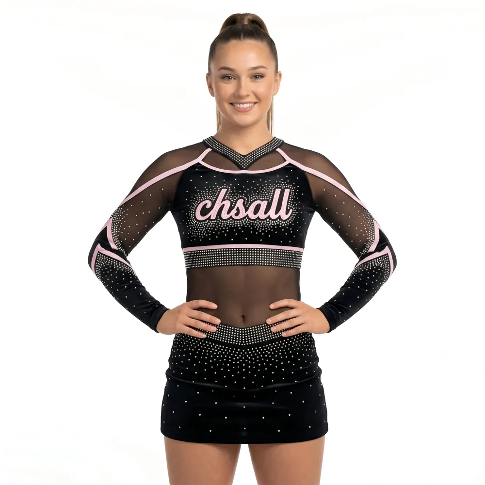 Girls Long Sleeve One Piece Cheerleading Uniform Mesh V-Collar Rhinestone Pink Trim Spandex Cheer Outfit High-elastic Nylon – photo 2