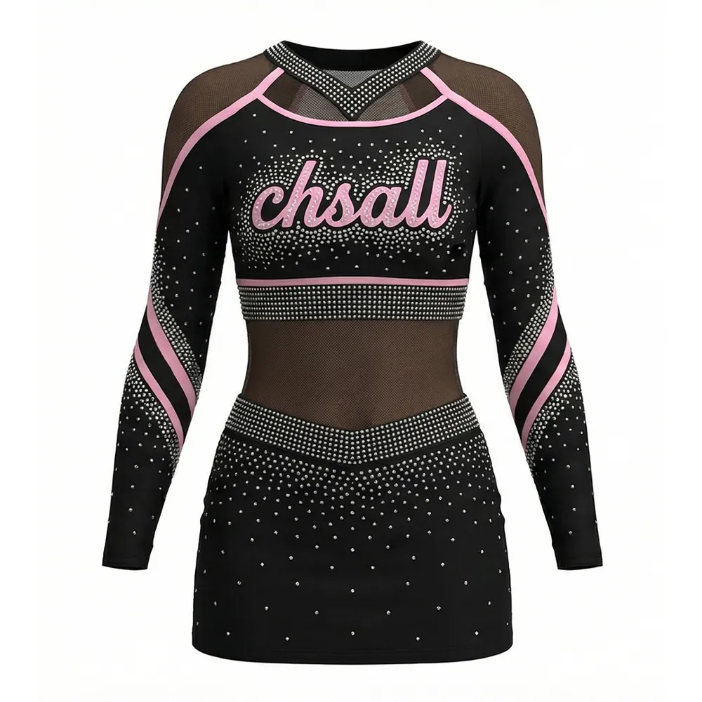 Girls Long Sleeve One Piece Cheerleading Uniform Mesh V-Collar Rhinestone Pink Trim Spandex Cheer Outfit High-elastic Nylon – photo 3