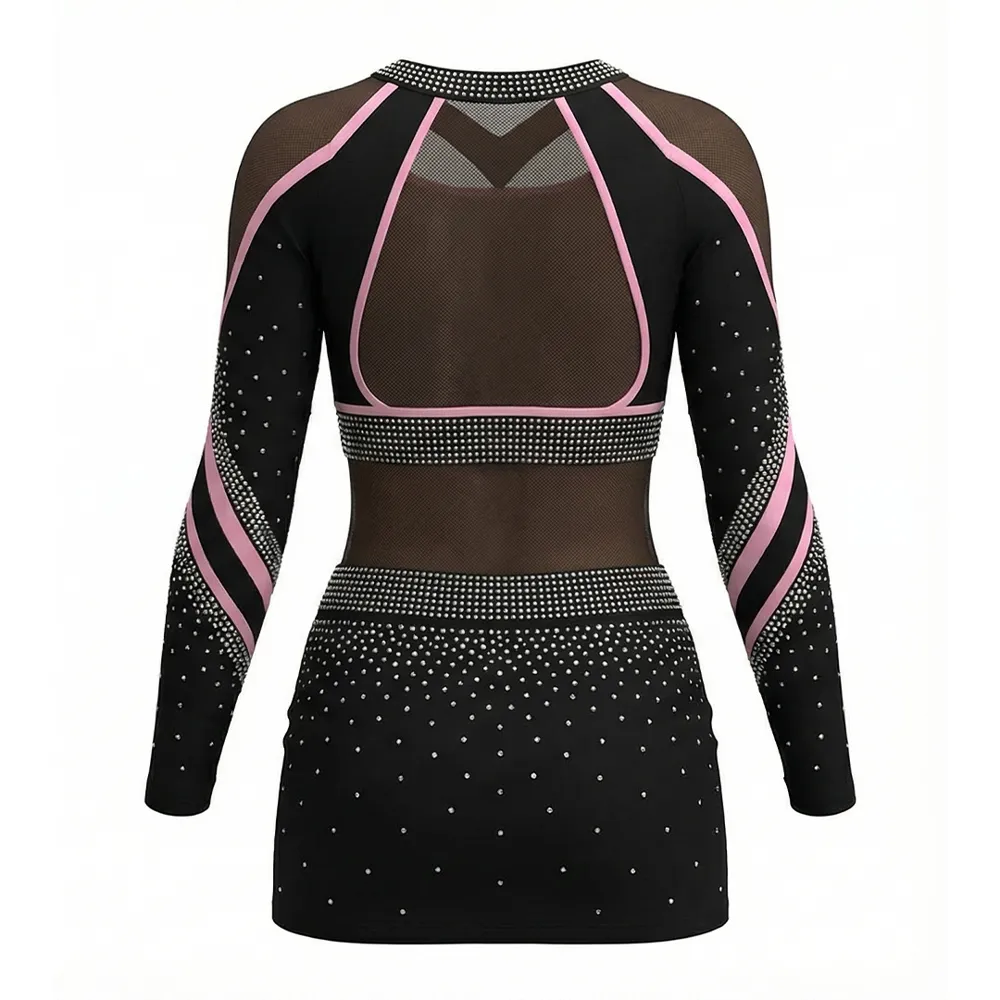 Girls Long Sleeve One Piece Cheerleading Uniform Mesh V-Collar Rhinestone Pink Trim Spandex Cheer Outfit High-elastic Nylon – photo 4