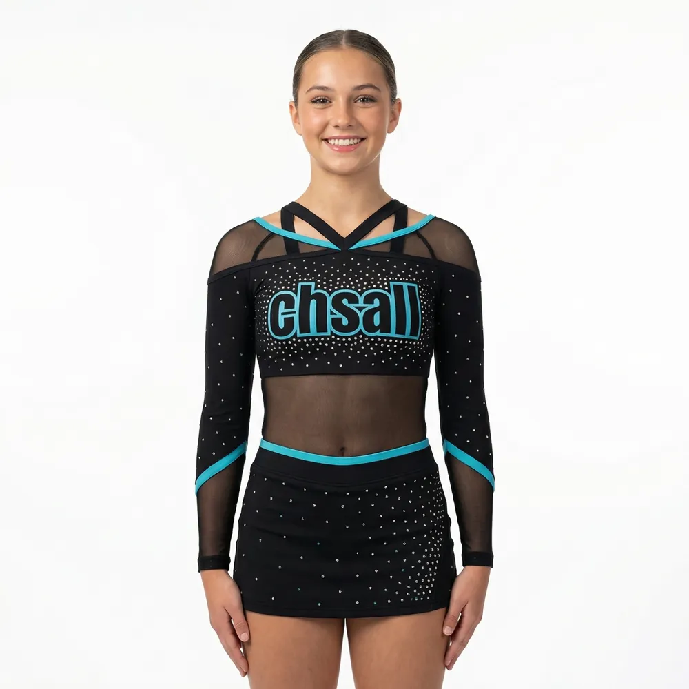 Youth Cheerleading Uniform Long Sleeve V-Neck Rhinestone Spandex Cheer Outfit for Team Sparkle Bling Costume for Teen Girls – photo 2