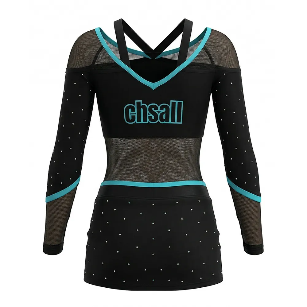Youth Cheerleading Uniform Long Sleeve V-Neck Rhinestone Spandex Cheer Outfit for Team Sparkle Bling Costume for Teen Girls – photo 3