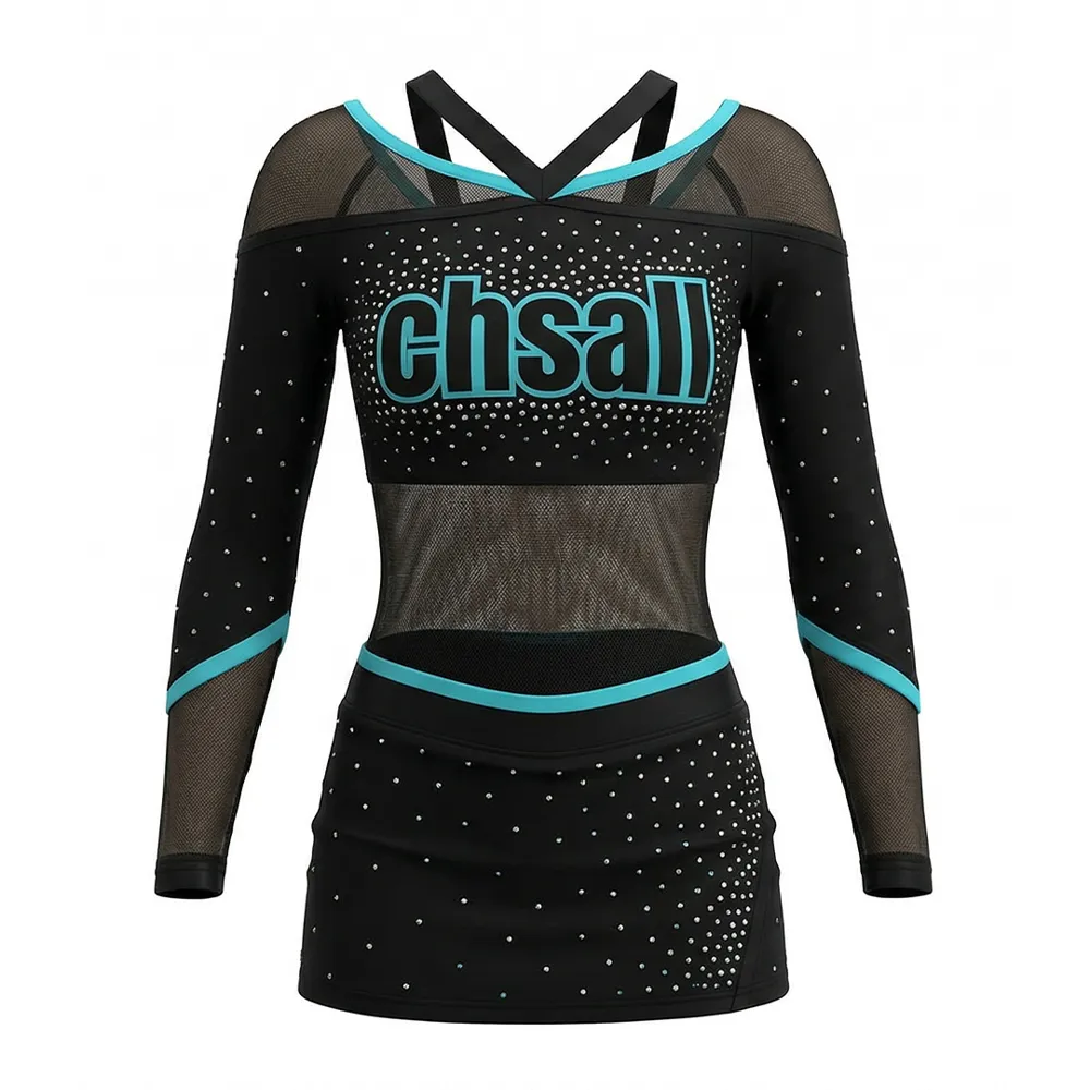 Youth Cheerleading Uniform Long Sleeve V-Neck Rhinestone Spandex Cheer Outfit for Team Sparkle Bling Costume for Teen Girls – photo 4