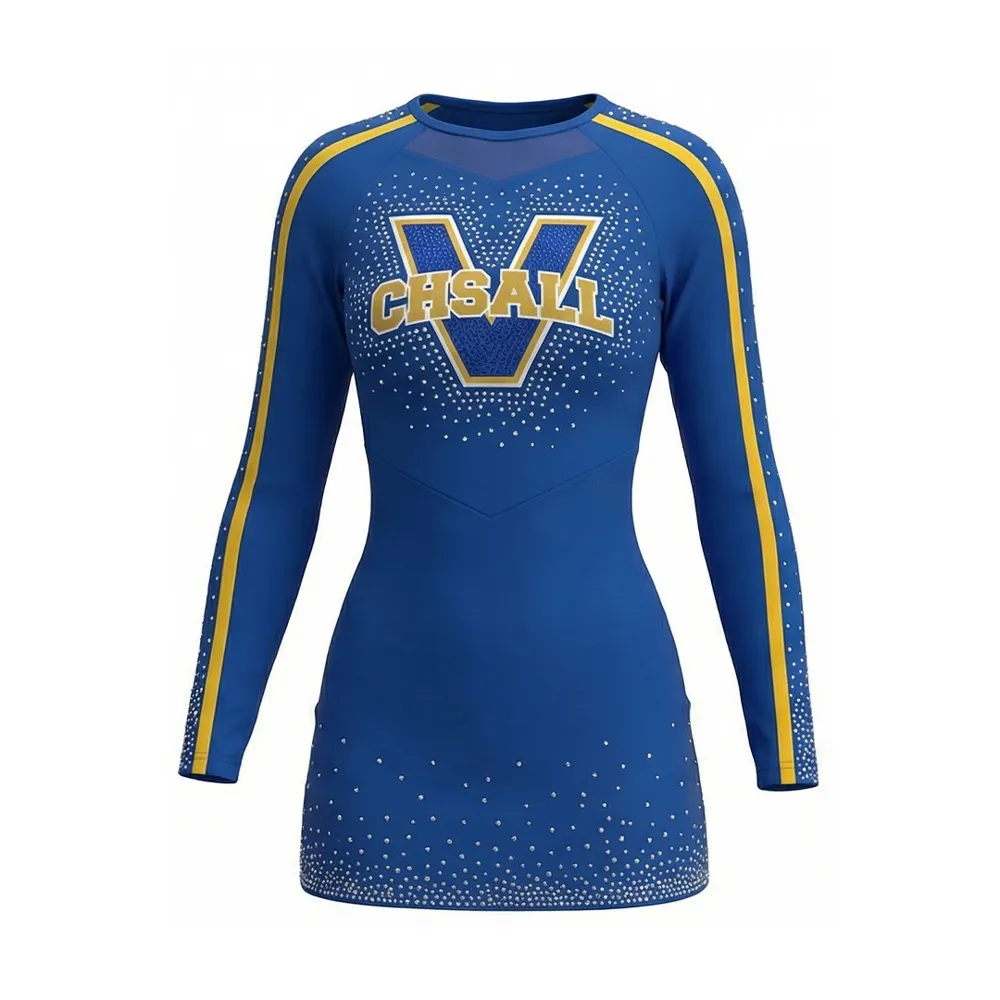One Piece Cheerleading Uniform Long Sleeve Rhinestone Sleeve Detail Cheer Outfit High-elastic Nylon/spandex Blended Knit Fabric – photo 3