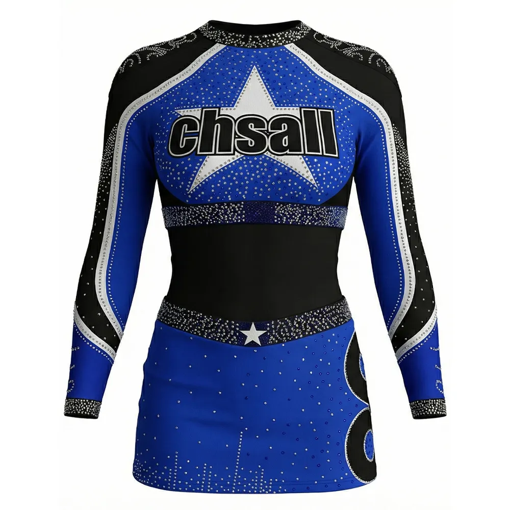 Long Sleeve Cheerleading Uniform Two Piece Color Block Rhinestone Cheer Costume for Girls Rhinestone Spandex Cheer Outfit – photo 2