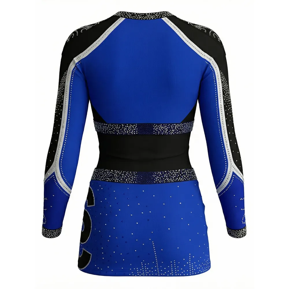 Long Sleeve Cheerleading Uniform Two Piece Color Block Rhinestone Cheer Costume for Girls Rhinestone Spandex Cheer Outfit – photo 3