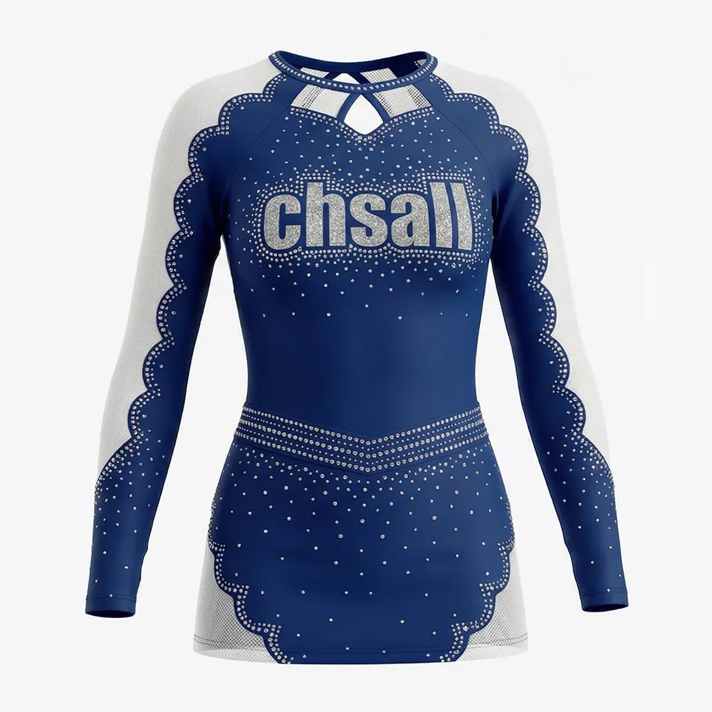 Long Sleeve One Piece Cheerleading Uniform Mesh Panel Rhinestone Unisex Team Cheer Uniform Competition Stage Wear – photo 3