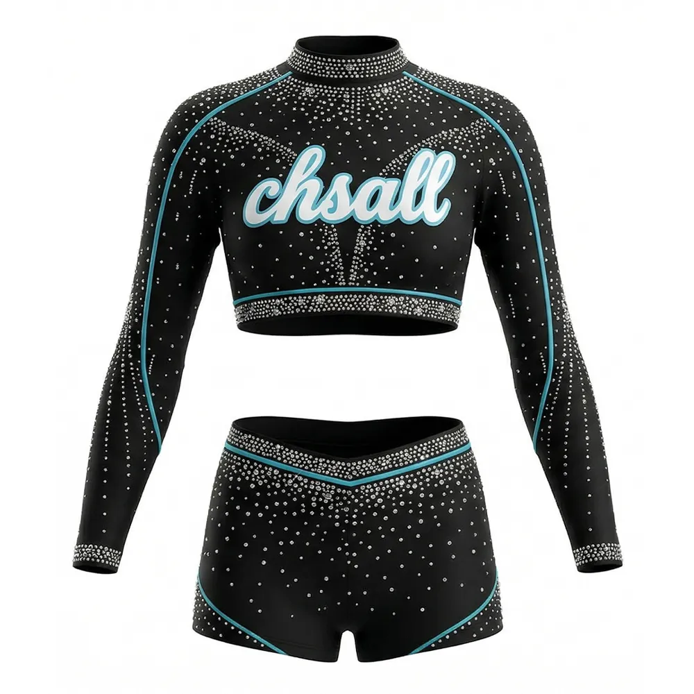 Cheerleading Uniform Long Sleeve Two Piece Rhinestone High Neck Performance Cheer Outfit with Shorts Sparkle Bling Costume – photo 3