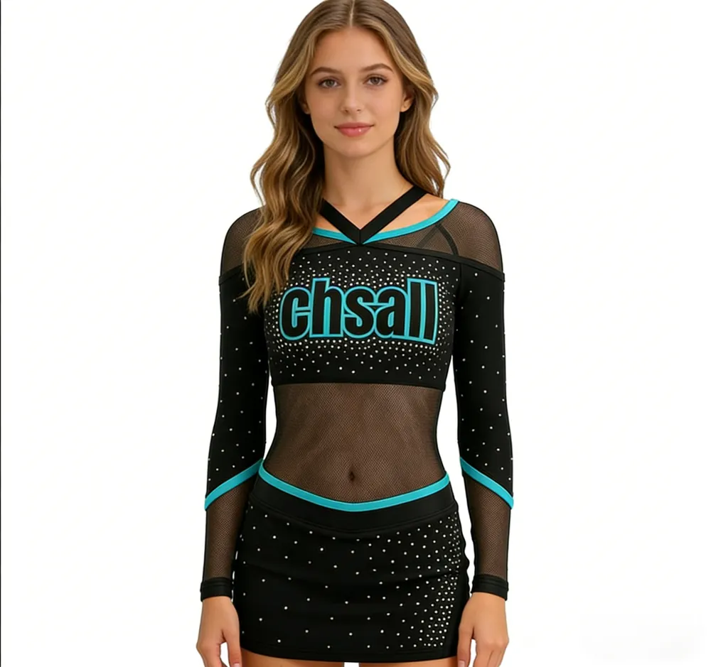 Youth Cheerleading Uniform Long Sleeve V-Neck Rhinestone Spandex Cheer Outfit for Team Sparkle Bling Costume for Teen Girls – photo 6