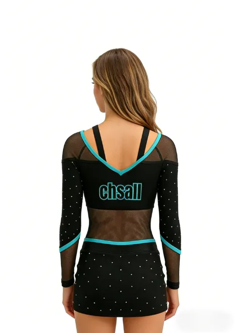 Youth Cheerleading Uniform Long Sleeve V-Neck Rhinestone Spandex Cheer Outfit for Team Sparkle Bling Costume for Teen Girls – photo 7