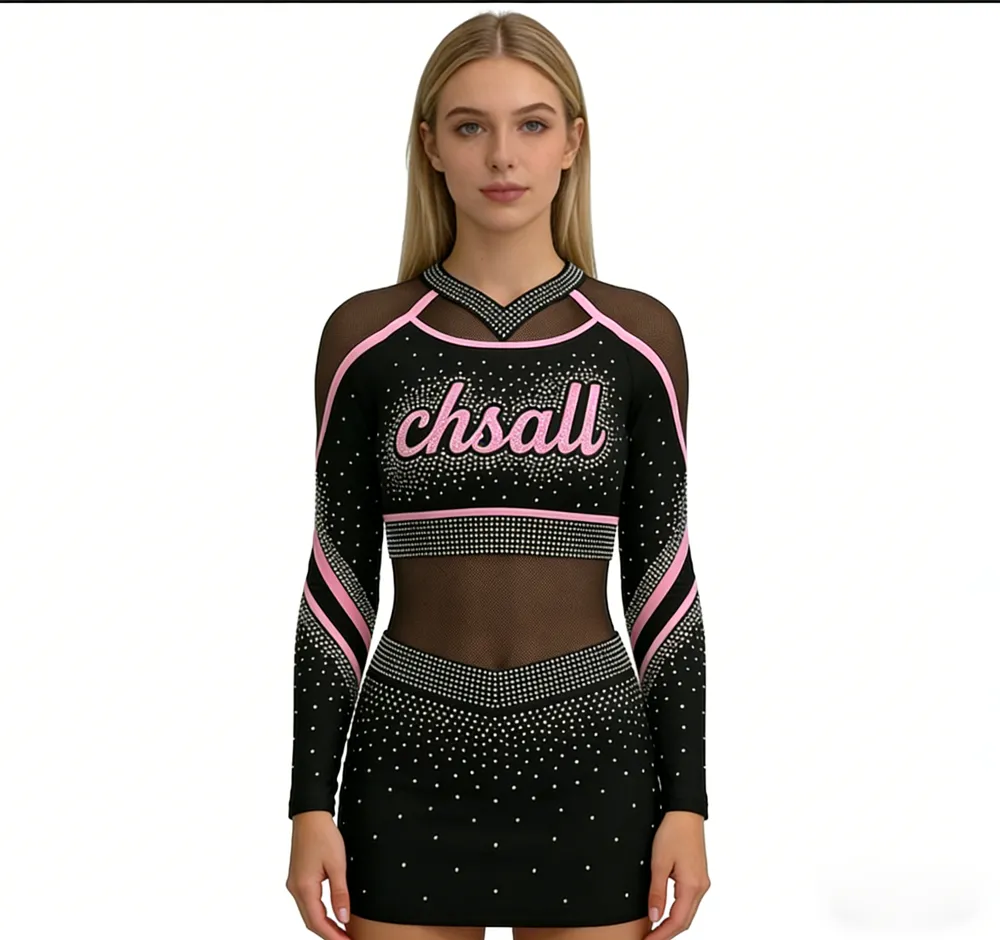 Girls Long Sleeve One Piece Cheerleading Uniform Mesh V-Collar Rhinestone Pink Trim Spandex Cheer Outfit High-elastic Nylon – photo 6
