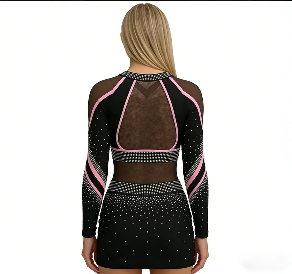 Girls Long Sleeve One Piece Cheerleading Uniform Mesh V-Collar Rhinestone Pink Trim Spandex Cheer Outfit High-elastic Nylon – photo 7