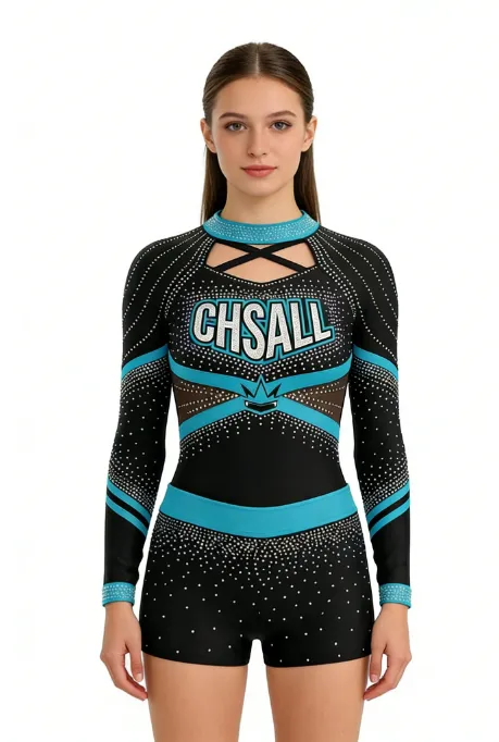 Cheerleading Uniforms Women Long Sleeve Rhinestone Cheer Practice Outfit Cheer Apparel Skirt Shorts Team Competition – photo 2