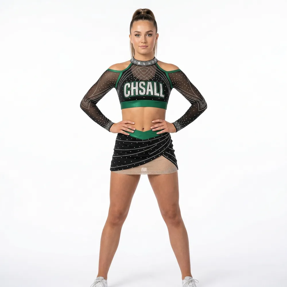 Girls Cheerleading Uniform Sleeveless Rhinestone High Neck Performance Cheer Outfit with Skirt – photo 2