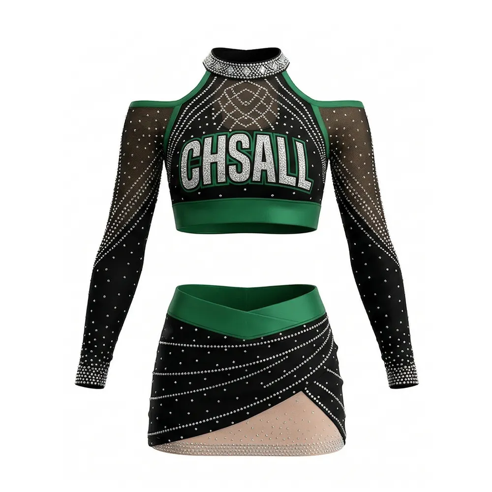 Girls Cheerleading Uniform Sleeveless Rhinestone High Neck Performance Cheer Outfit with Skirt – photo 4
