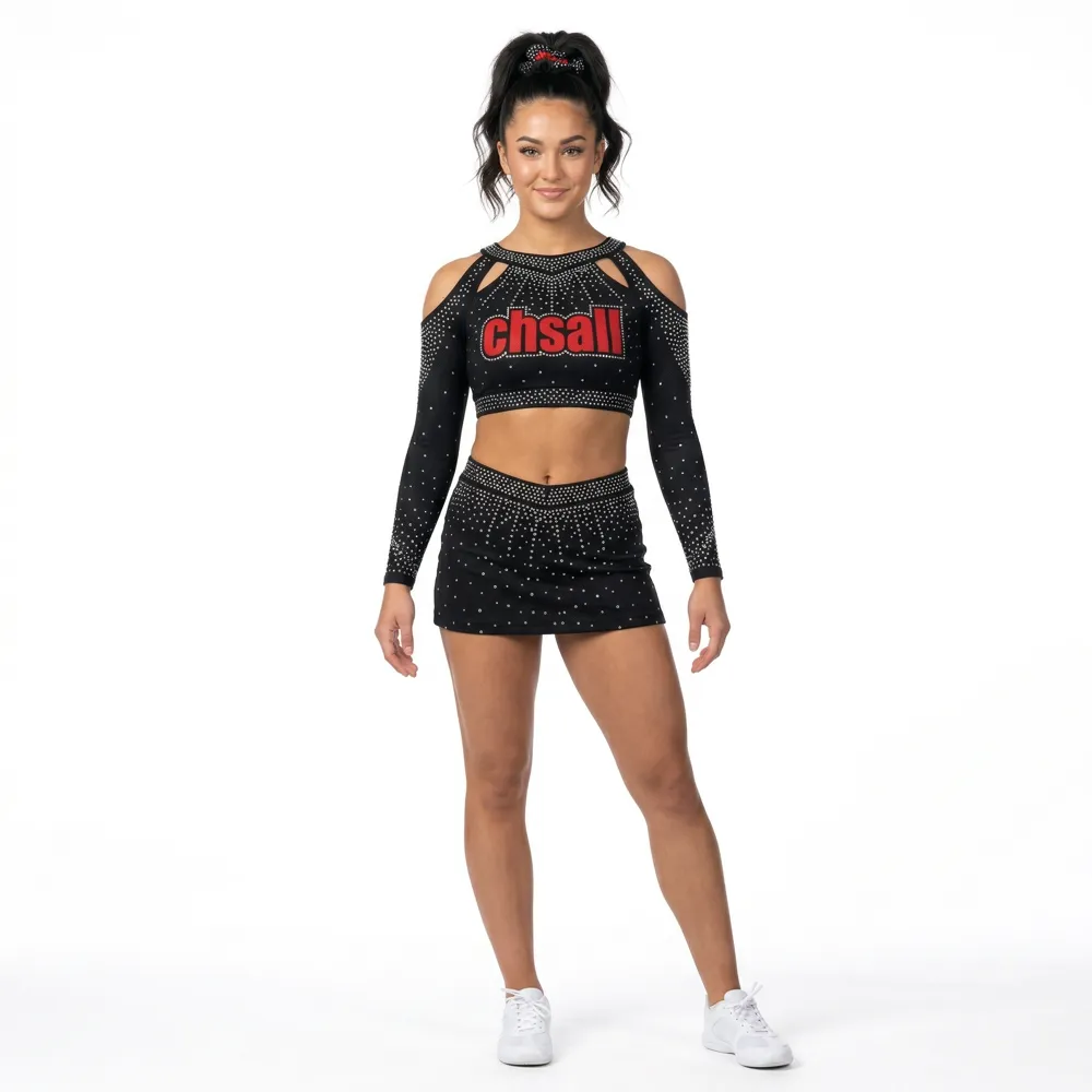 Youth Cheerleading Uniform Long Sleeve High Neck Rhinestone Spandex Cheer Outfit for Team – photo 2