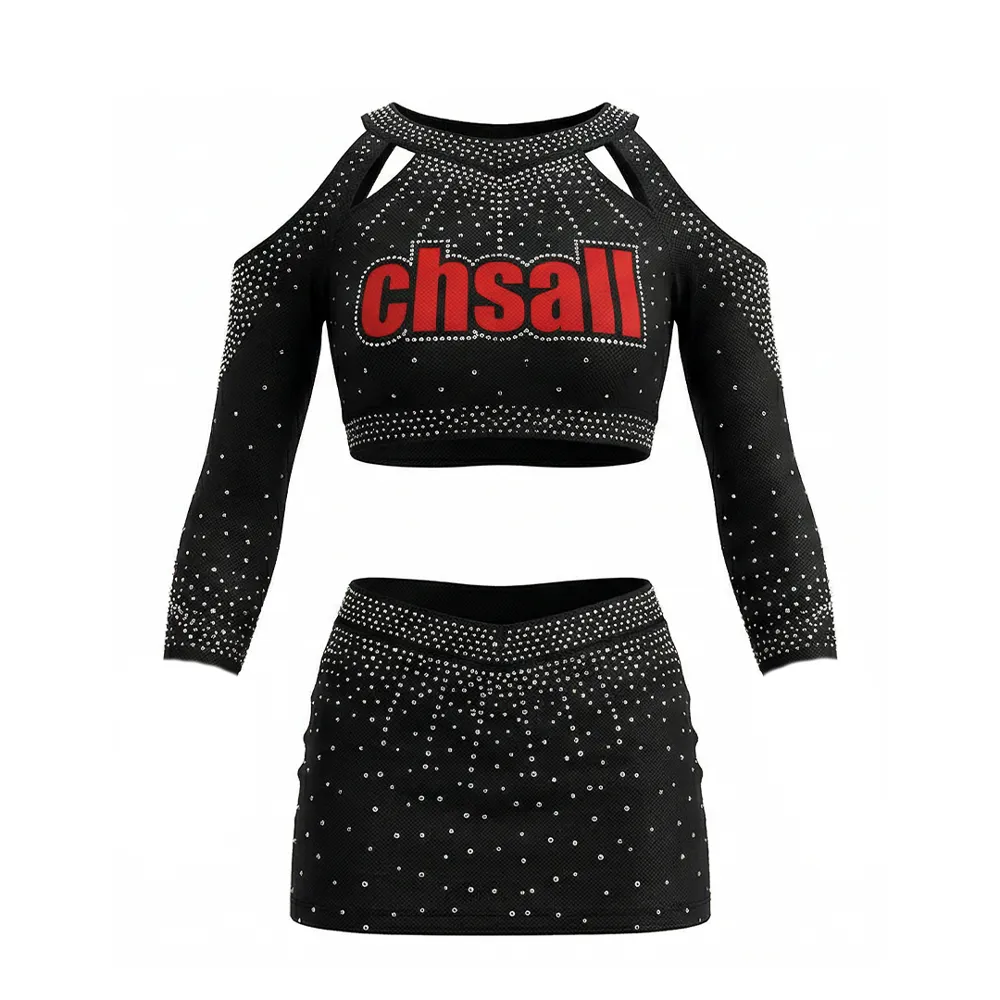 Youth Cheerleading Uniform Long Sleeve High Neck Rhinestone Spandex Cheer Outfit for Team – photo 3