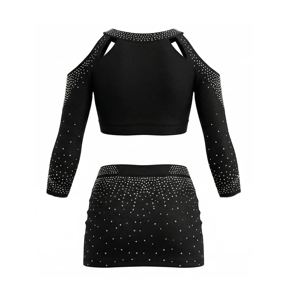 Youth Cheerleading Uniform Long Sleeve High Neck Rhinestone Spandex Cheer Outfit for Team – photo 4