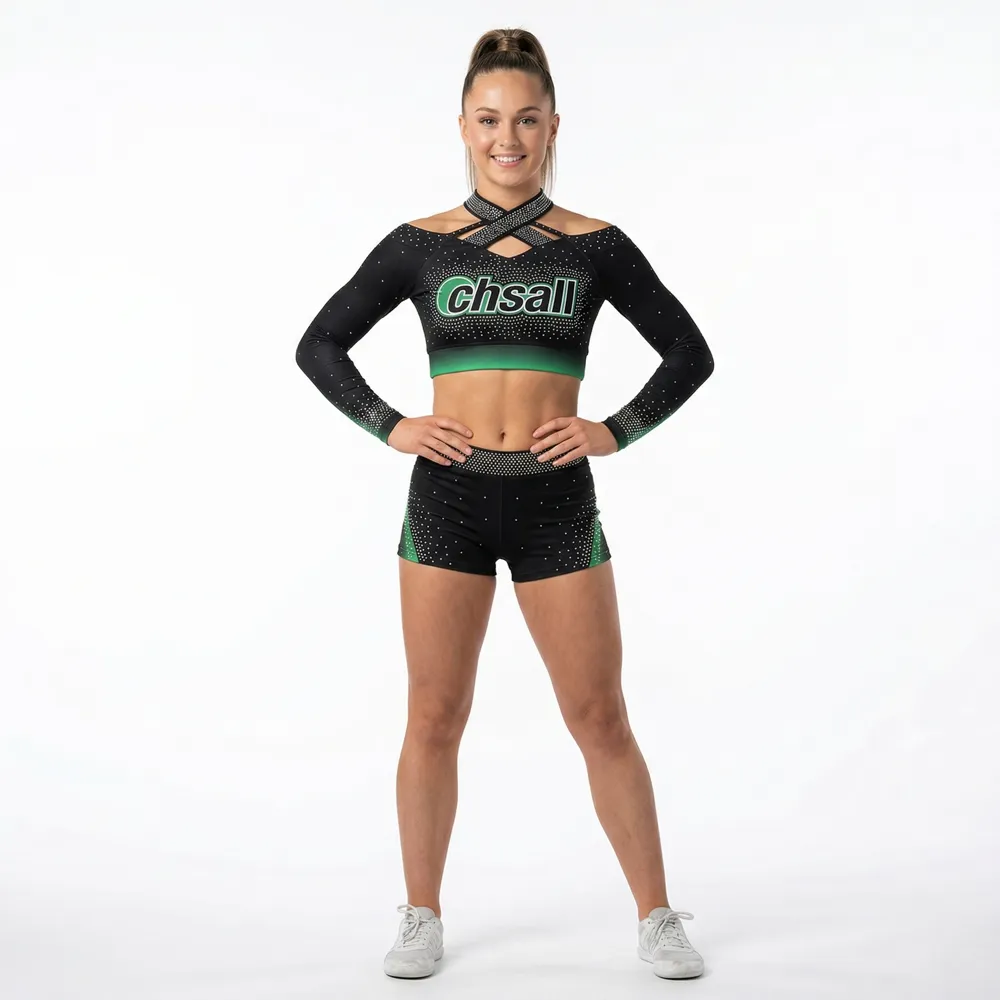 Long Sleeve Cheerleading Uniform Cutout Detail Rhinestone Team Cheer Uniform for Competition Anti-Epidemic Cross Neckline – photo 2