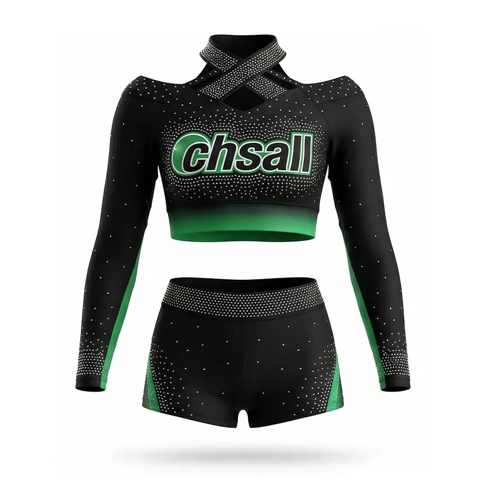 Long Sleeve Cheerleading Uniform Cutout Detail Rhinestone Team Cheer Uniform for Competition Anti-Epidemic Cross Neckline – photo 3