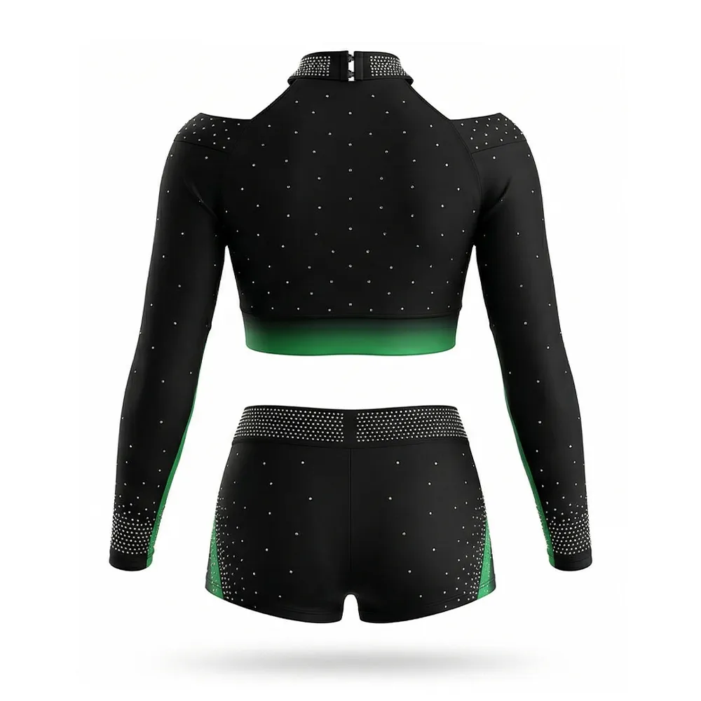 Long Sleeve Cheerleading Uniform Cutout Detail Rhinestone Team Cheer Uniform for Competition Anti-Epidemic Cross Neckline – photo 4