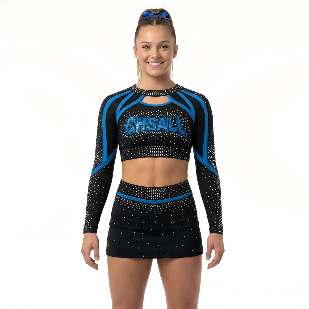 Long Sleeve Cheerleading Uniform Rhinestone Mesh Panel Stretchy Color Block Cheer Costume for Competition – photo 2