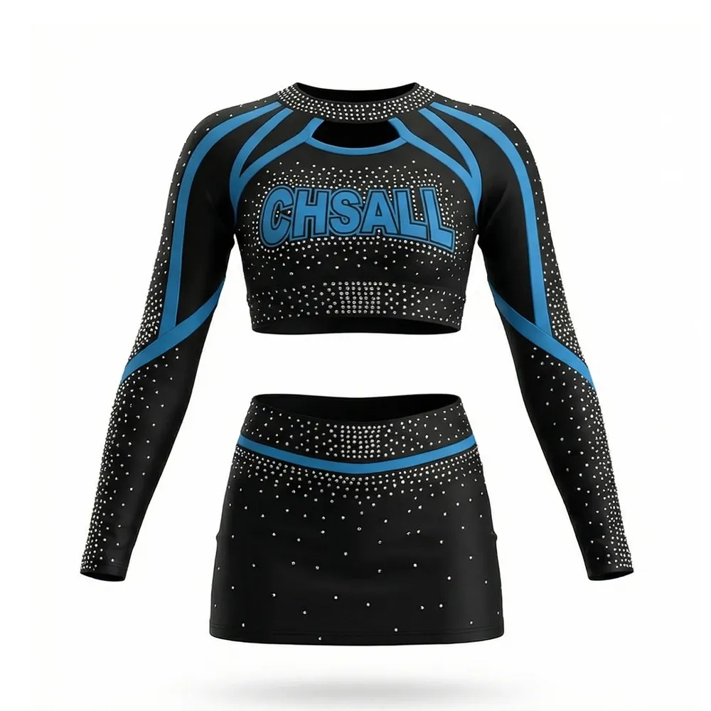 Long Sleeve Cheerleading Uniform Rhinestone Mesh Panel Stretchy Color Block Cheer Costume for Competition – photo 3