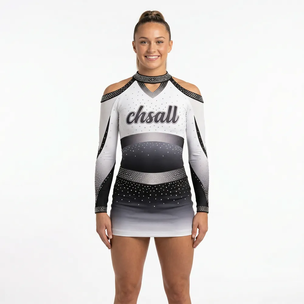 Girls Cheerleading Outfit Long Sleeve Rhinestone High Neck Ombre Stage Performance Cheer Wear with Skirt – photo 2