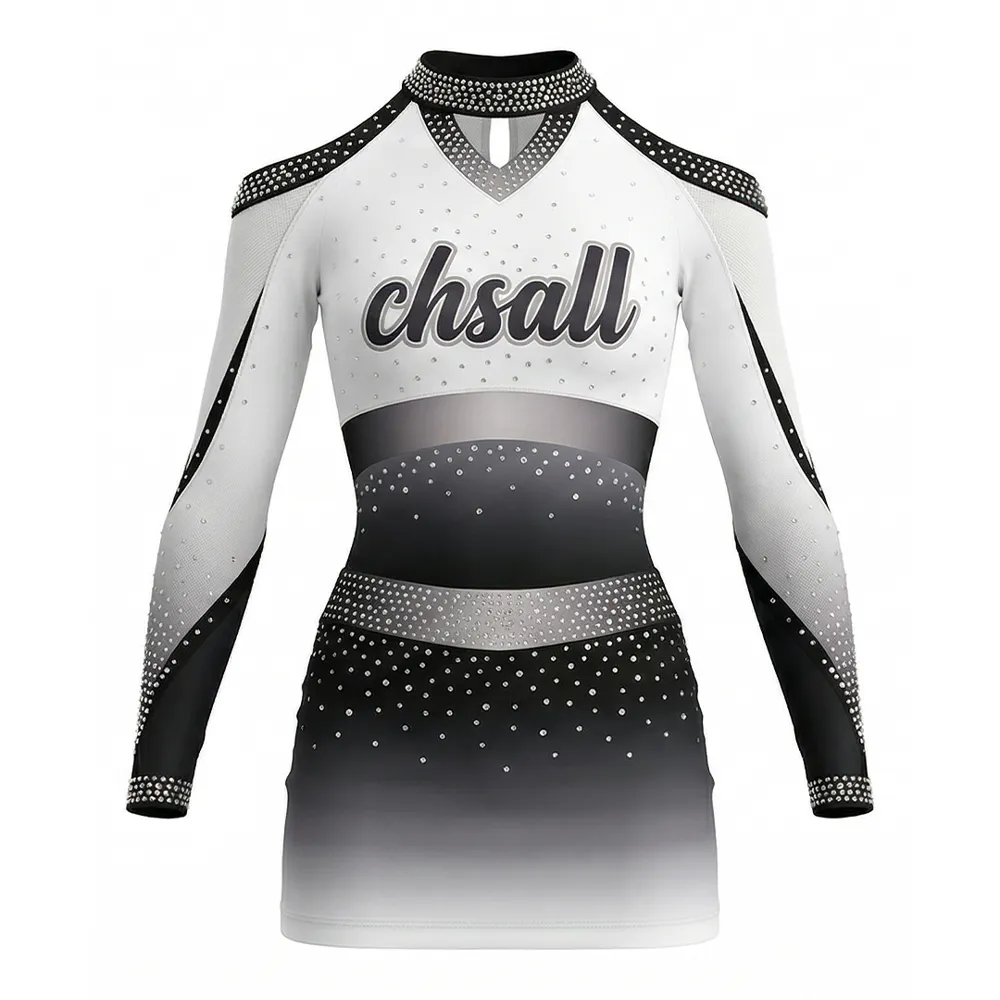 Girls Cheerleading Outfit Long Sleeve Rhinestone High Neck Ombre Stage Performance Cheer Wear with Skirt – photo 3
