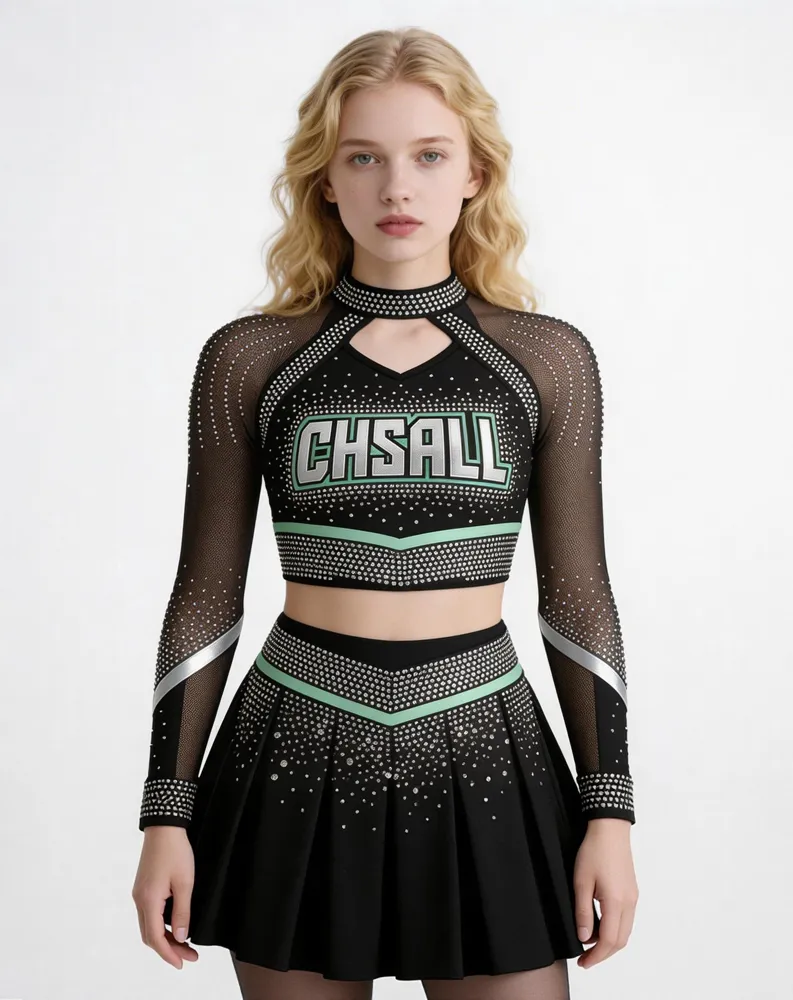 Customizable Women Cheerleading Uniform Sparkle Rhinestone Black Green Mesh Sleeve Crop Top Pleated Skirt Set Team Competition – photo 2