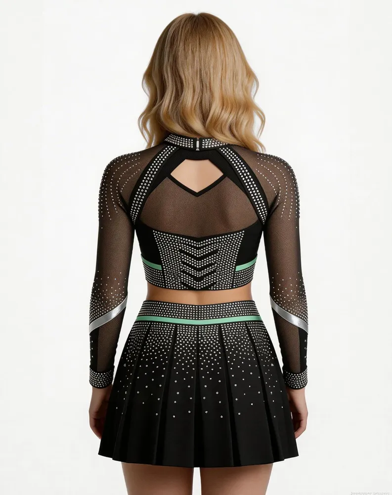 Customizable Women Cheerleading Uniform Sparkle Rhinestone Black Green Mesh Sleeve Crop Top Pleated Skirt Set Team Competition – photo 3