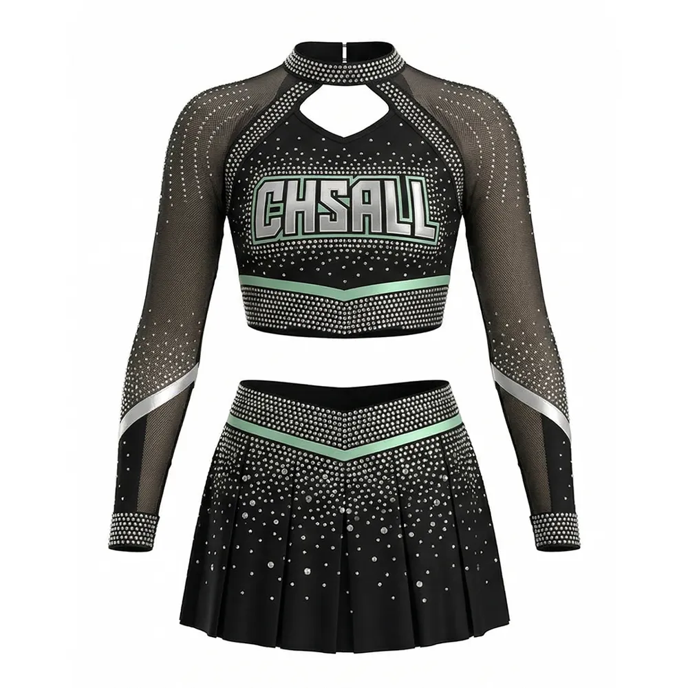 Customizable Women Cheerleading Uniform Sparkle Rhinestone Black Green Mesh Sleeve Crop Top Pleated Skirt Set Team Competition – photo 4