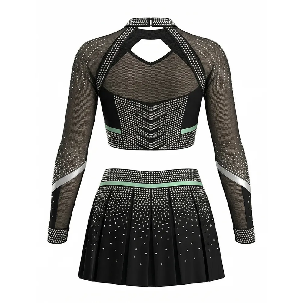 Customizable Women Cheerleading Uniform Sparkle Rhinestone Black Green Mesh Sleeve Crop Top Pleated Skirt Set Team Competition – photo 5