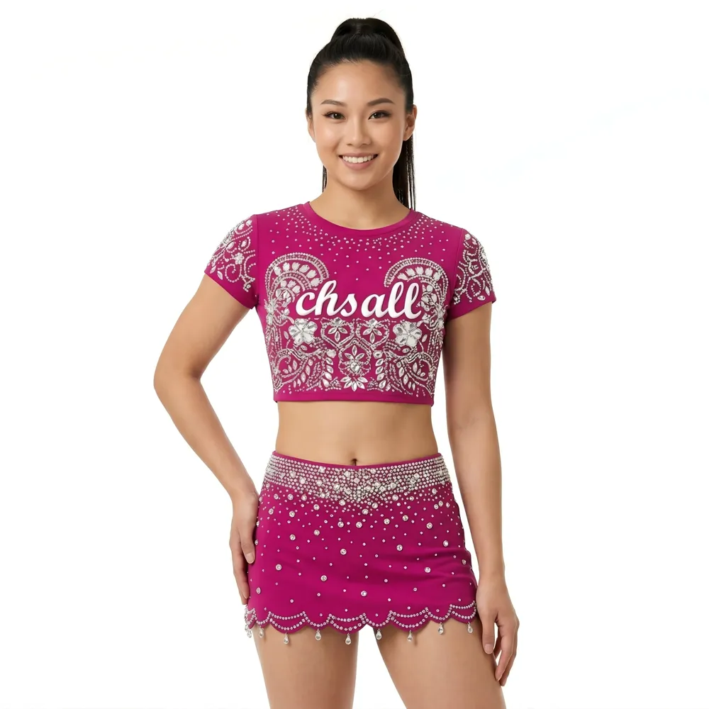Youth Cheerleading Uniform Short Sleeve High Waist Rhinestone Spandex Cheer Outfit for Team – photo 2