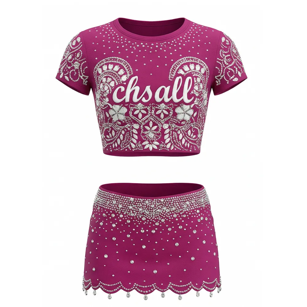 Youth Cheerleading Uniform Short Sleeve High Waist Rhinestone Spandex Cheer Outfit for Team – photo 3