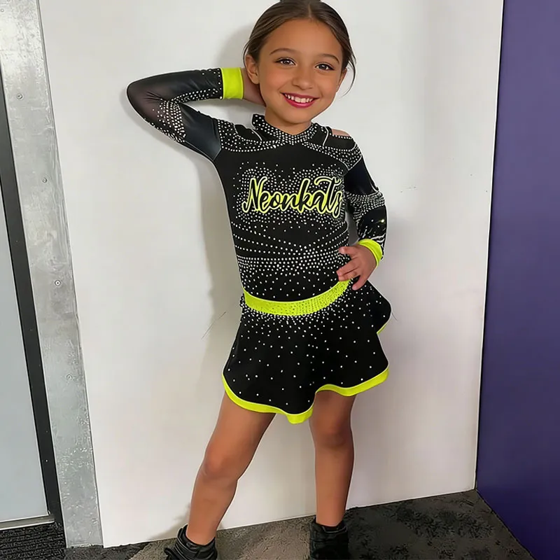 Girls Long Sleeve Cheerleading Outfit Cold Shoulder Sheer Mesh Rhinestone Neon Yellow Trim Spandex Performance Wear – photo 2
