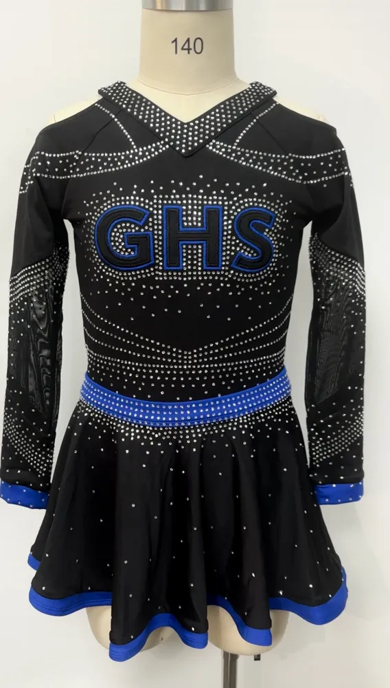 Girls Long Sleeve Cheerleading Outfit Cold Shoulder Sheer Mesh Rhinestone Neon Yellow Trim Spandex Performance Wear – photo 3