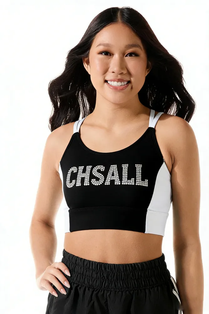 Rhinestones Shirts & Tops Wear black and white Design Shiny Cheerleading Practice Wear Shorts 2 Sets Uniforms – photo 2
