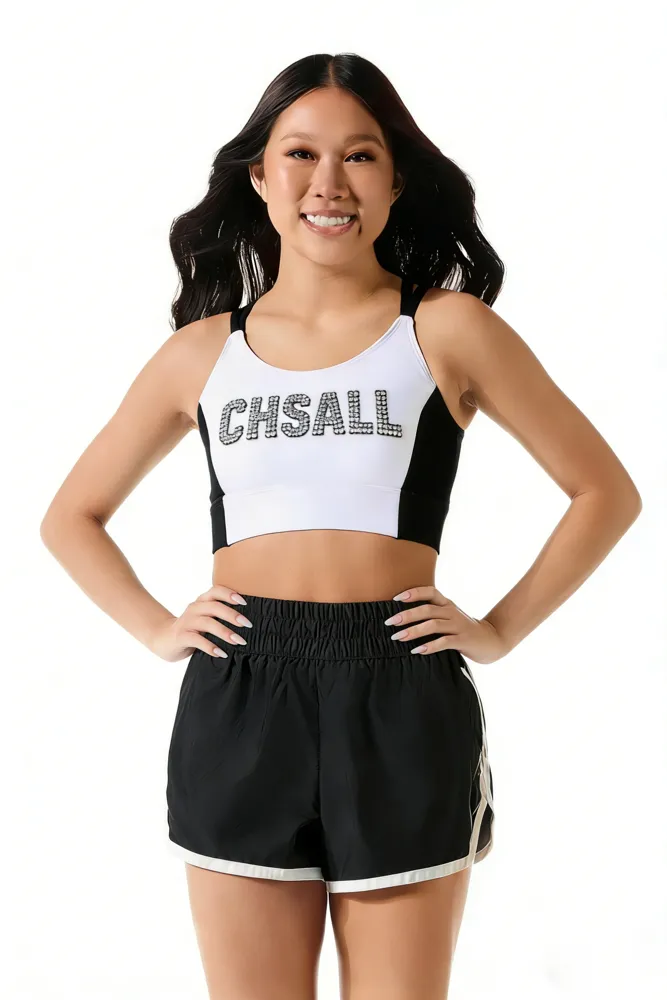 Rhinestones Shirts & Tops Wear black and white Design Shiny Cheerleading Practice Wear Shorts 2 Sets Uniforms – photo 4