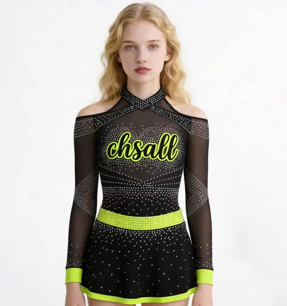 Customizable Women Cheerleading Uniform Black Green Rhinestone Mesh Sleeve Crop Top Pleated Skirt Set Team Bulk Order – photo 2