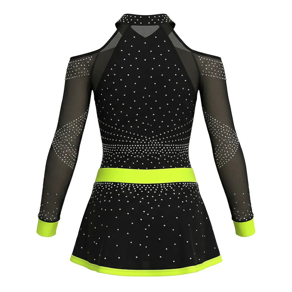 Customizable Women Cheerleading Uniform Black Green Rhinestone Mesh Sleeve Crop Top Pleated Skirt Set Team Bulk Order – photo 4